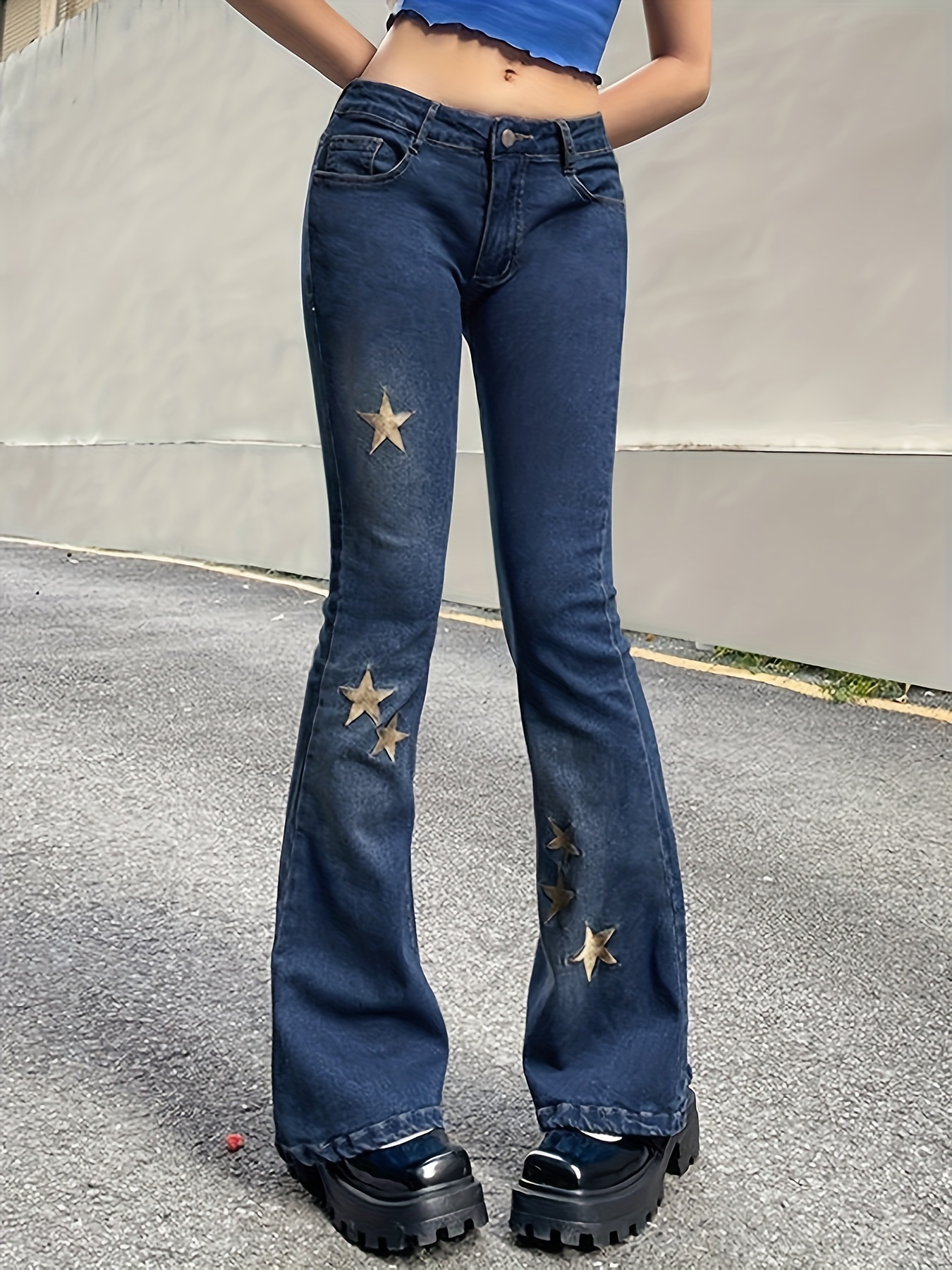 Golden Star Embroidery Flare Leg Jeans Low Waist Y2k - Temu