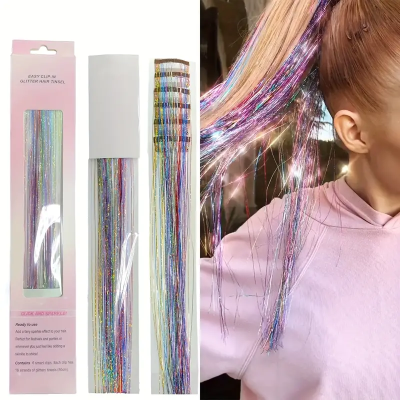 Clip in Hair Tinsel Kit, Pack of 6pcs Glitter Fairy Tinsel Hair Extensions, Human Hair Extensions 20 inch Shiny Hair Tinsel,Temu