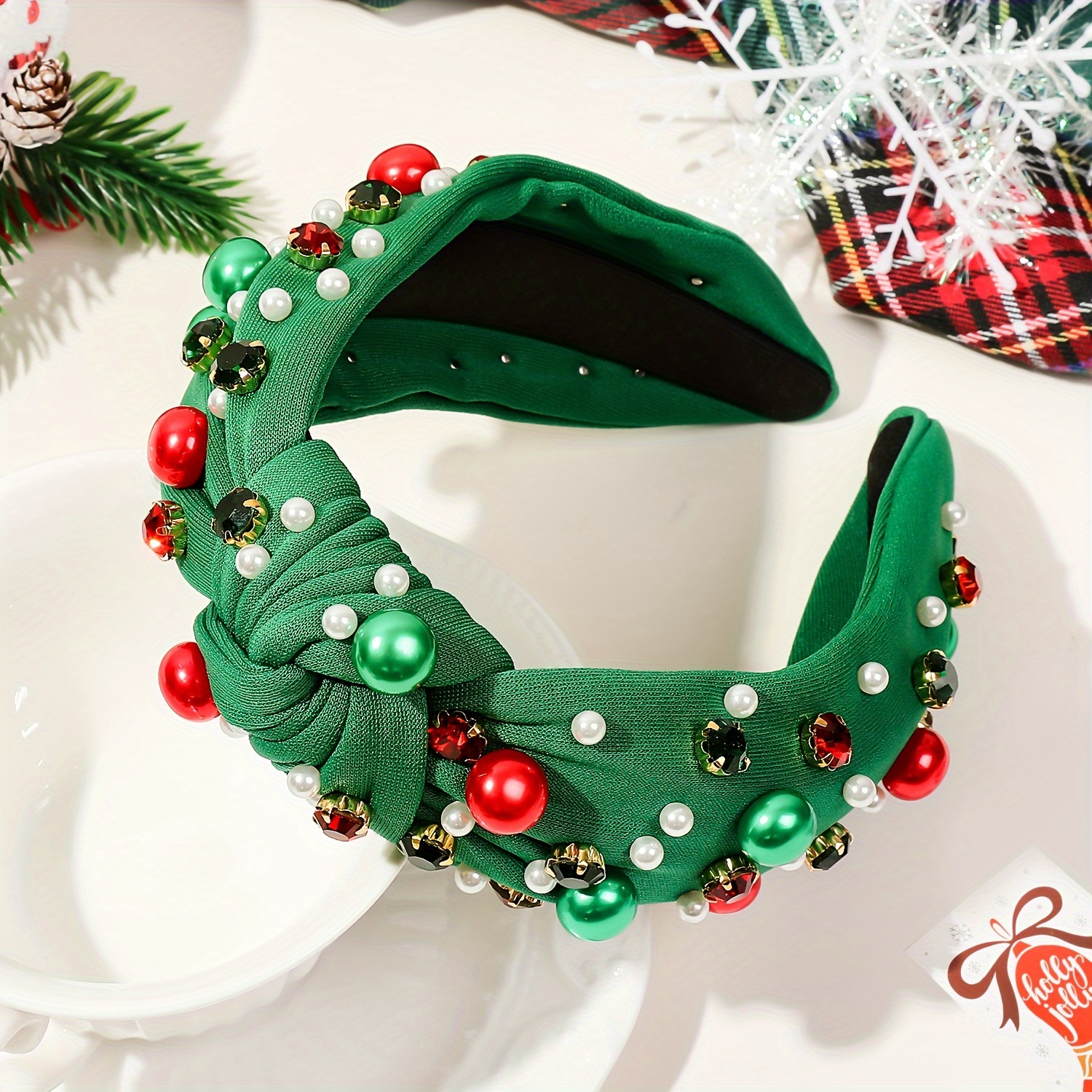 Temu Christmas Knotted Headband for Women Faux Pearl Rhinestone Crystal Jeweled Embellished Hairband Fashion Elegant Ladies, Christmas Styling & Gift