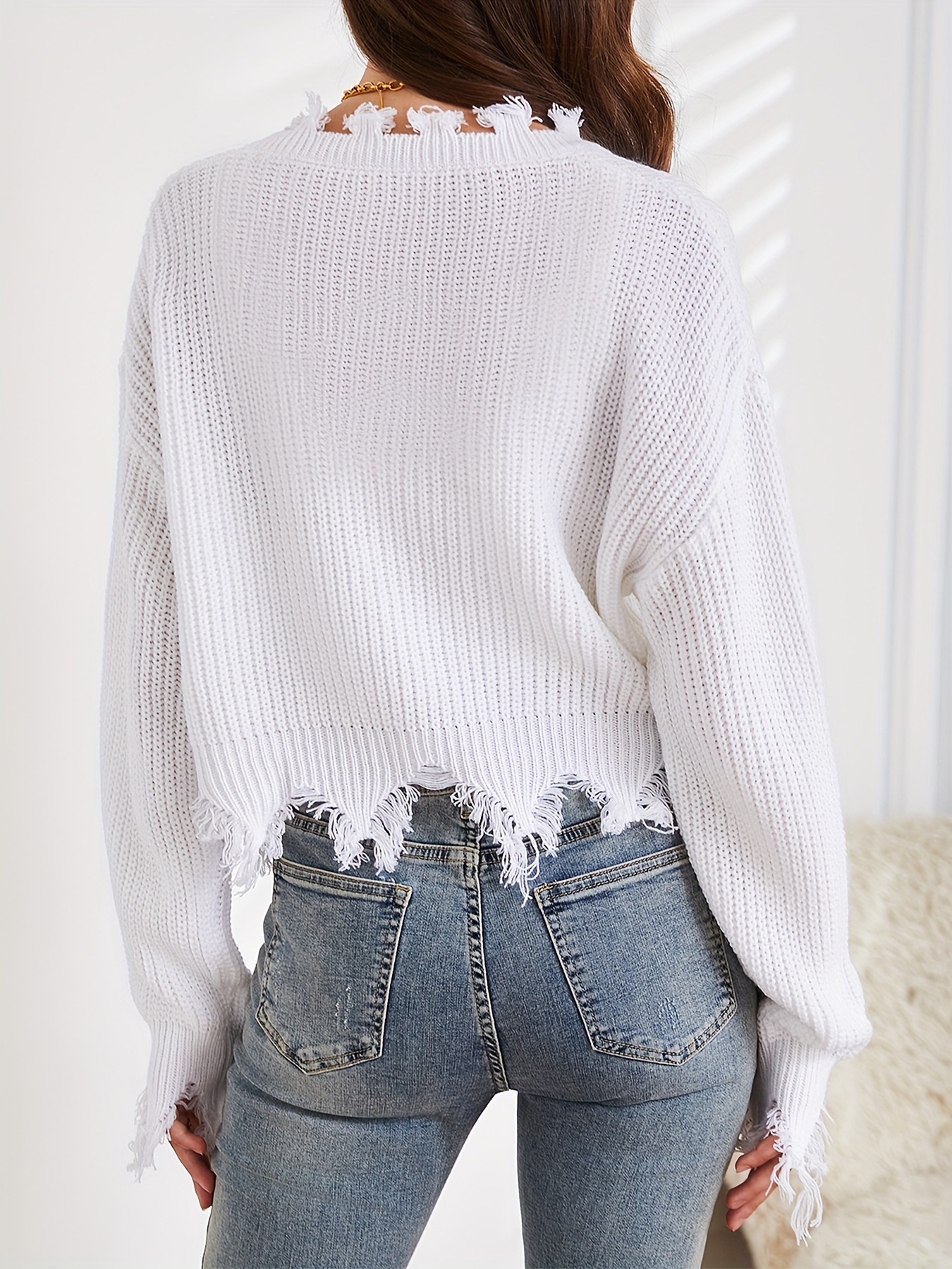 Casual weekend outfit: Grey lace hem sweater, distressed denim and