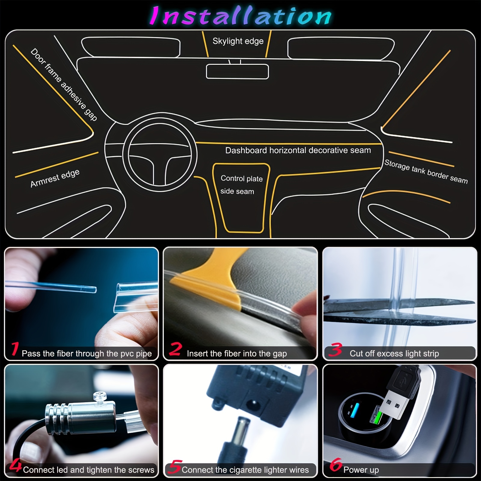 Car LED Strip Lights With Wireless APP And Remote Control, RGB 5 In 1  Ambient Lighting Kits With 236 Inches Fiber Optic