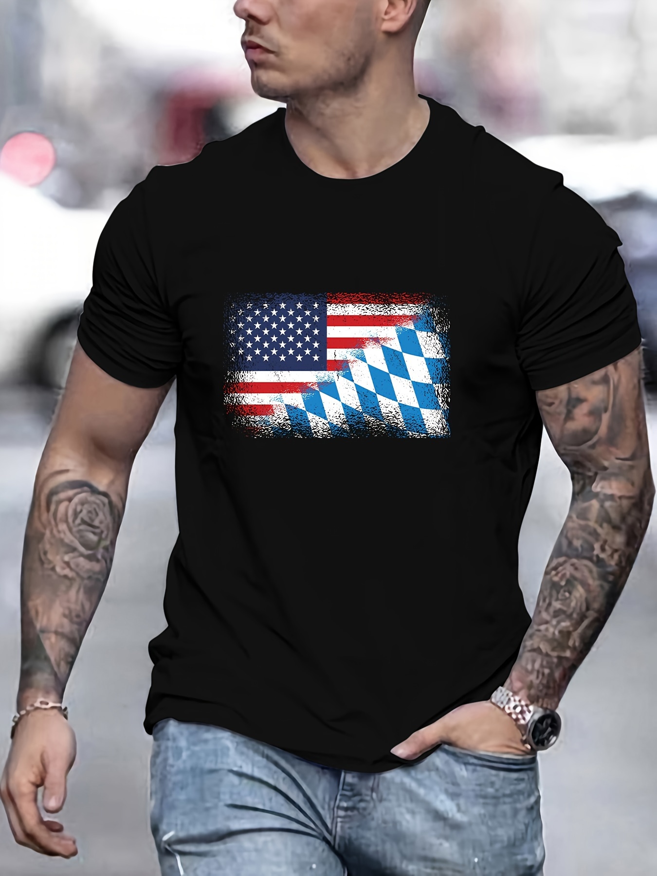 American Bavarian Flag Pattern Print Men's Casual Round Neck - Temu