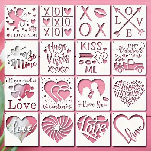 16pcs Valentine's Day Theme Stencil, 5.1 Inch Reusable Words Stencil With  Metal Open Ring, Decorative Love Heart Valentine's Day Drawing Template For