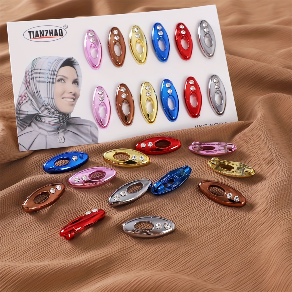 12 Pcs Oval Rhinestones Scarf Hijab Pins Safety Pin Plastic Girls Ladies  Dressing Accessories Brooches For