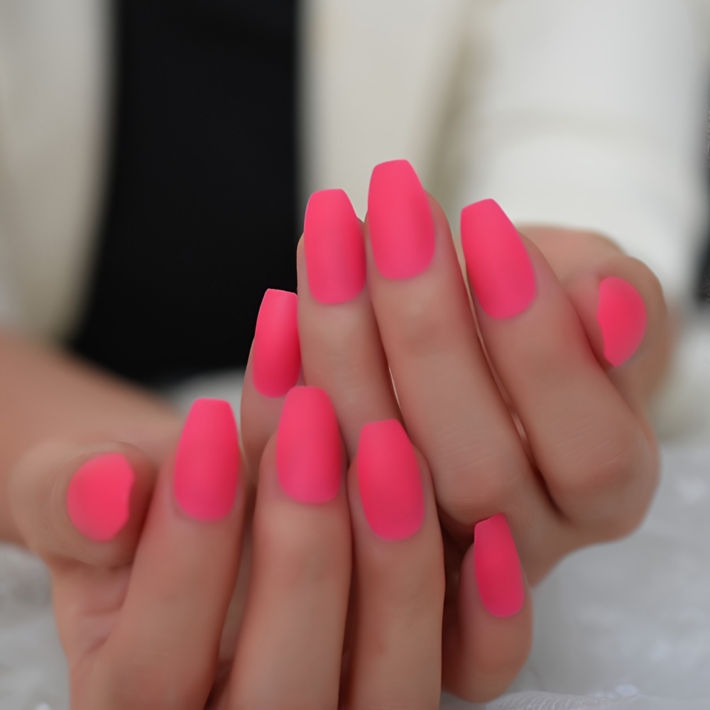 medium coffin ballet fake nails solid color matte neon pinkish press on nails simple style fake nails art with tools details 2