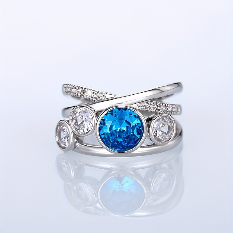 Image of Fashion Easy Anniversary Gift Ring Inlaid Blue Synthetic Zirconia Wide Ring Women' Casual Accessory Ring