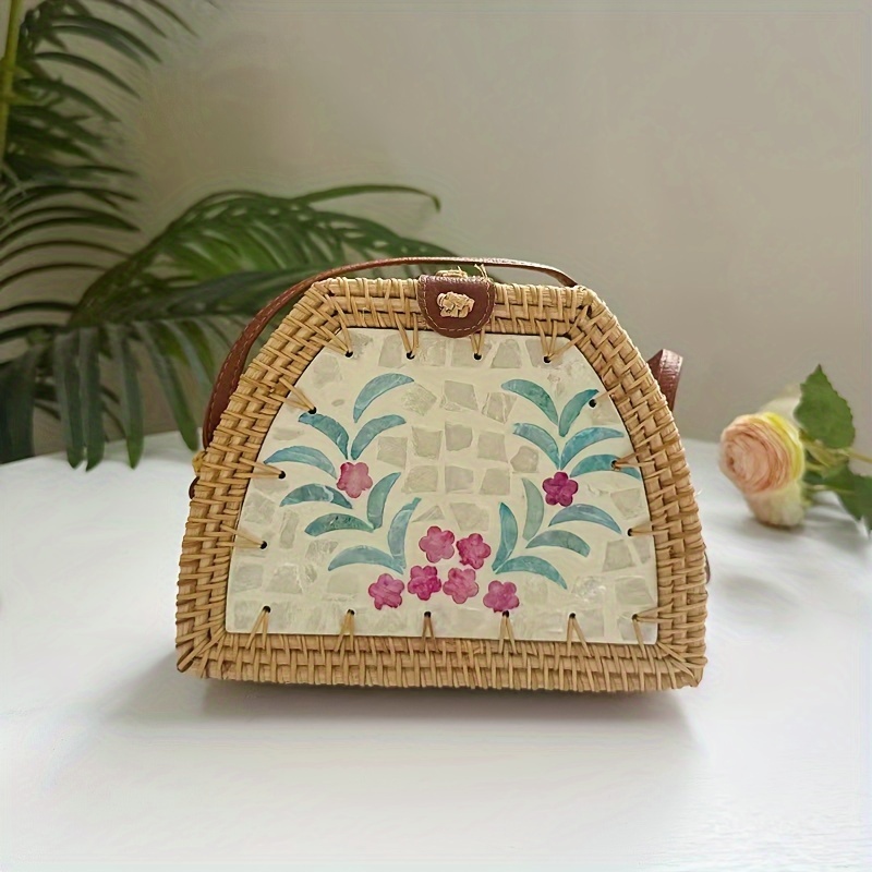 Embroidered Round Sling Bag  Seagrass Duffle Bag for Ladies