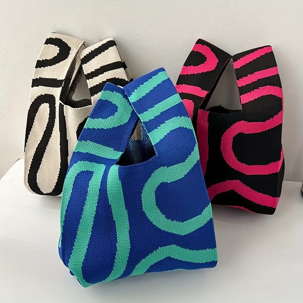 

Fashion Color Blocking Knitted Handle Bag, Irregular Stripes Carrying Bag, Perfect Handbag For Daily Use