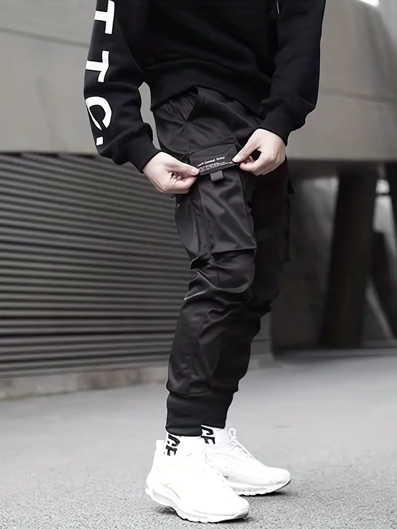 Trendy Plain Black Cargo Pants, Men's Multi Flap Pocket Trousers, Loose  Casual Outdoor Joggers, Men's Work Pants Outdoors Streetwear Hip Hop Style
