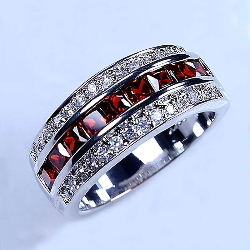 Classic Red Gems White Cz Wedding Band Ring - Temu