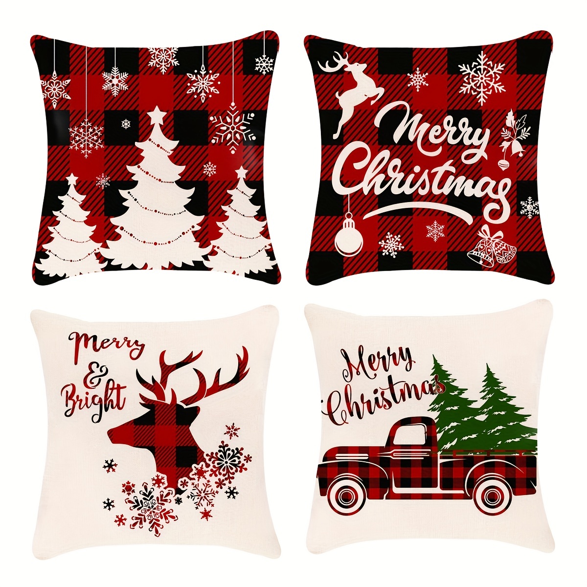 Taie d'oreiller, Lot de 4 en Coton et Lin Noël Wapiti Le père noël Bonhomme  de Neige Nain Imprimé Housse De Coussin carré pour Lit Voiture De La Maison  Canapé 45 x