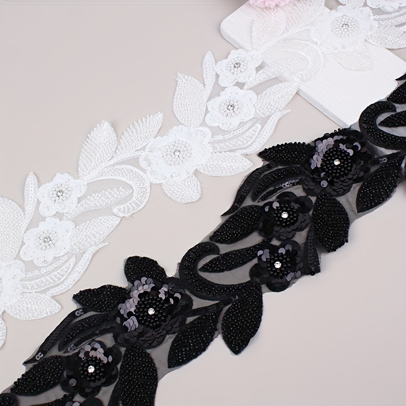 3D Black Flower Lace Fabric Trim Diamond Wedding Embroidered Applique