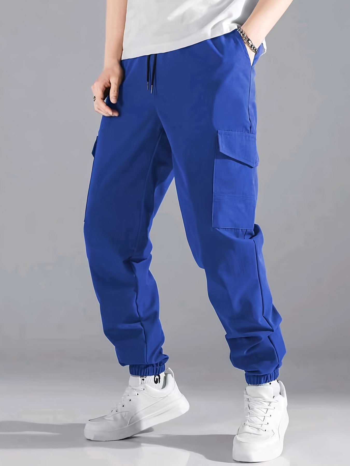 Casual High Waist Flap Pockets Cargo Pants Loose Blue - Temu Canada