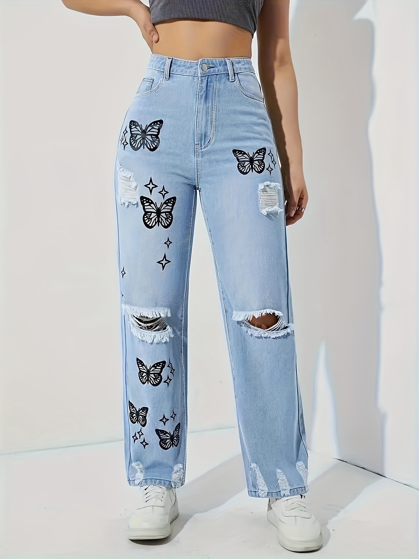Ripped Knee Cut Distressed Jeans, Light Wash Slash Pocket Button * Casual &  Trendy Pants For Every Day, Women's Denim Jeans & Clothing