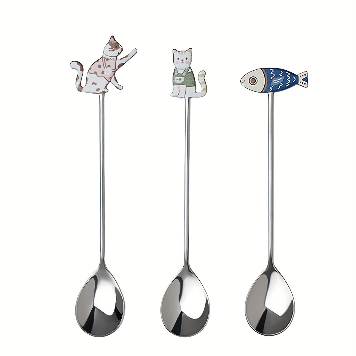 3 個の猫魚スプーンとフォーク かわいいコーヒー動物食器 5.8 インチ 