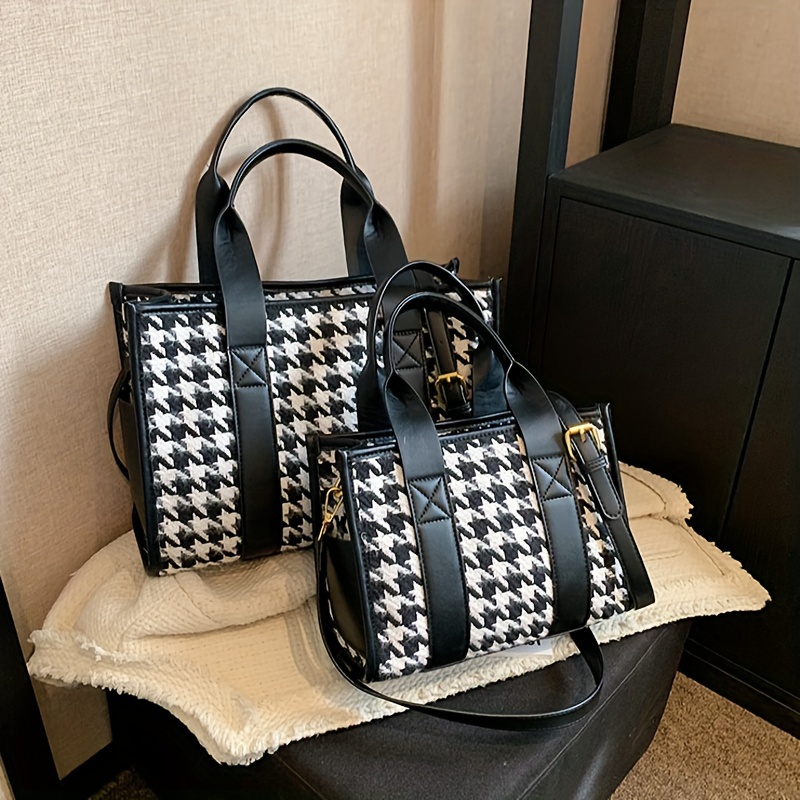 Houndstooth Pattern Tote Bag, Classic Retro Satchel Purse With Top Handle,  Women's Plaid Pattern Shoulder Bag - Temu
