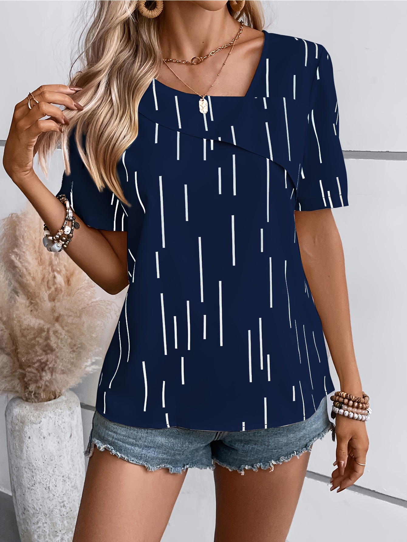 Striped Print Asymmetrical Blouse Elegant Short Sleeve - Temu Canada