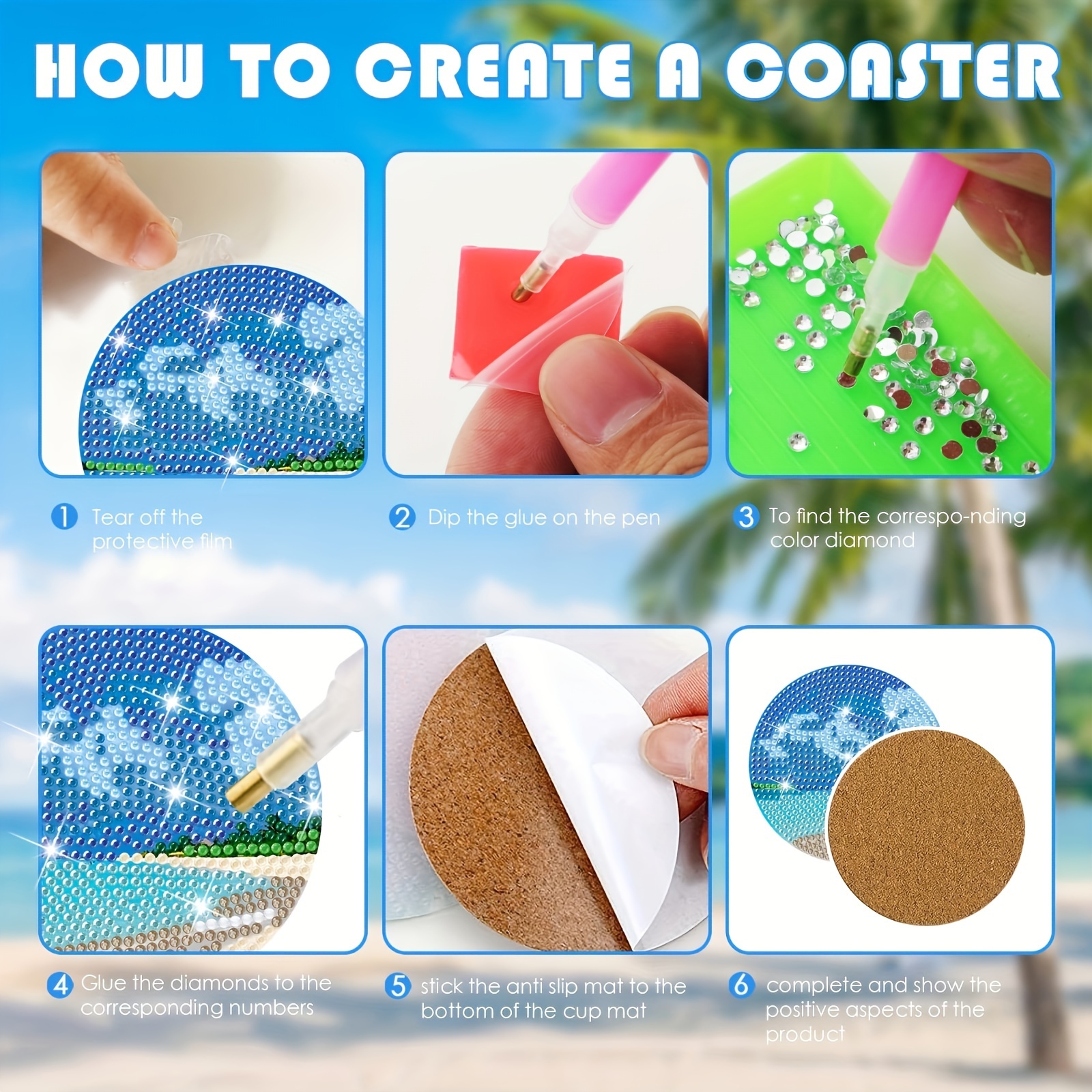 Ocean Style Diamond Painting Coasters - DIY Kit with Holder and