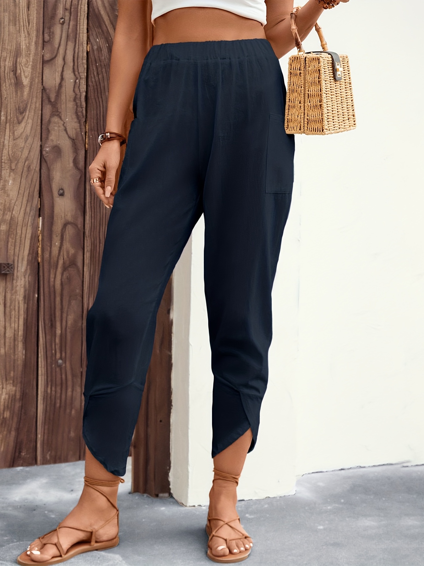 Elastic Waist Carrot Pants, Casual Versatile Pants With Pockets