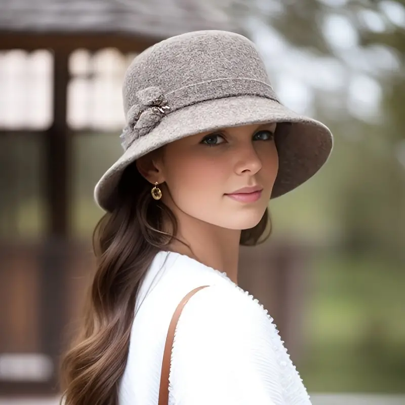 Vintage Wool Bucket Hat Women Classic Leaf Decor Coldproof - Temu