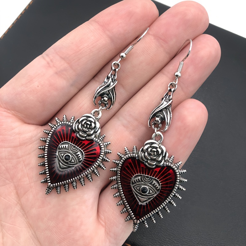 

1 Pair Vintage Gothic Evil Eye Red Heart Shaped Dangle Earrings, Birthday Halloween Cosplay Jewelry