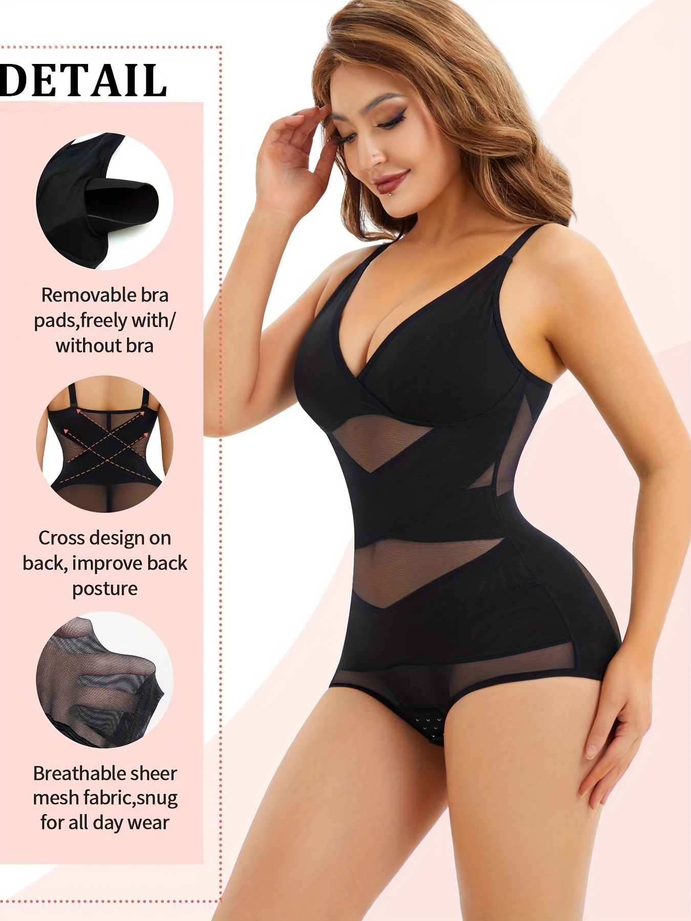 Women Deep V Neck Bodysuits Adjustable Straps Tummy Tucking Shapewear  Seamless Sexy Body Shaper Thong (Black, XL)