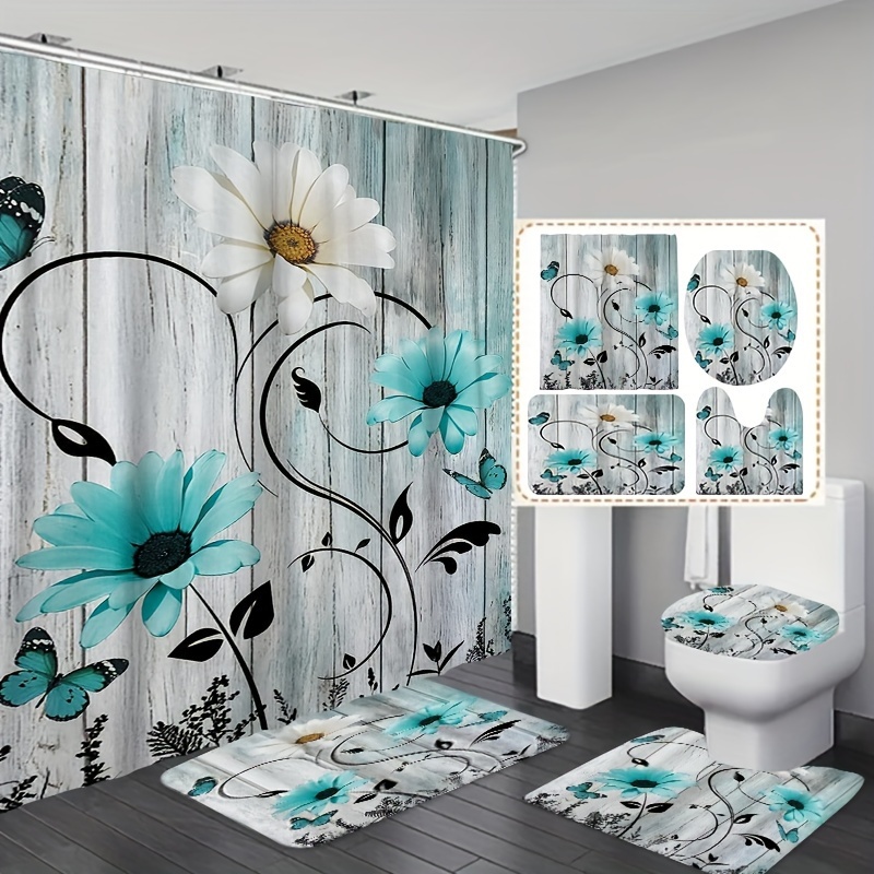 Shower Curtain Blue White Daisy Style Bathroom Shower - Temu Canada