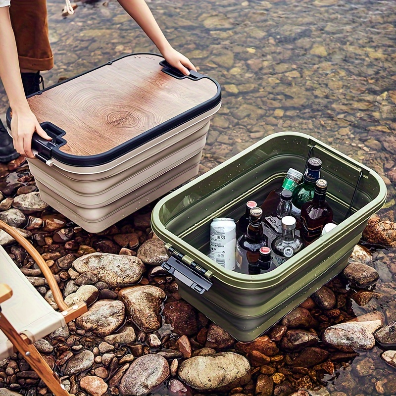 Outdoor Camping Folding Storage Box With Wooden Lid Picnic - Temu