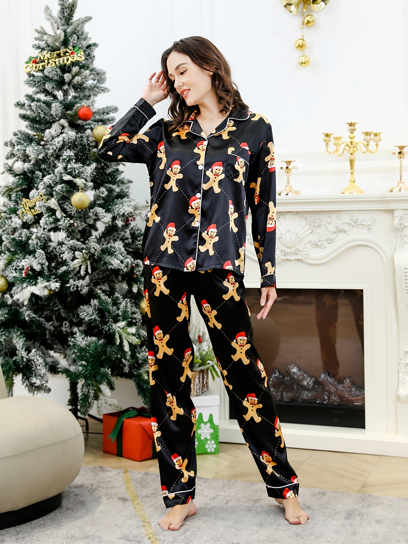 Christmas Satin Pajama Set, Allover Print Long Sleeve Blouse Pajama Tops &  Elastic Waistband Pants, Women's Sleepwear & Loungewear