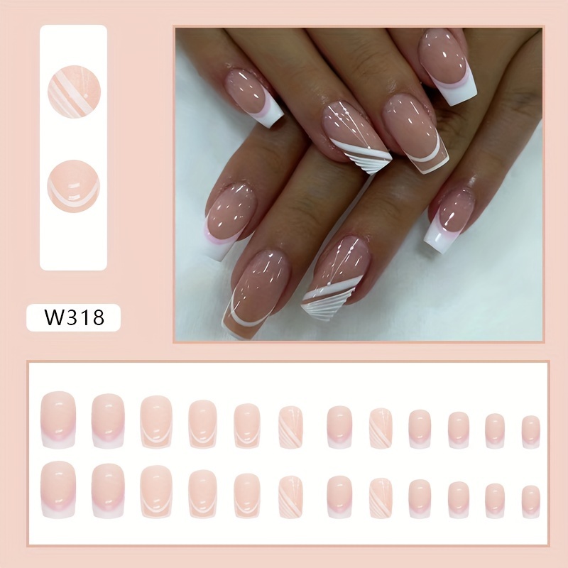  Nude White Press On Nails Medium Square French Glossy