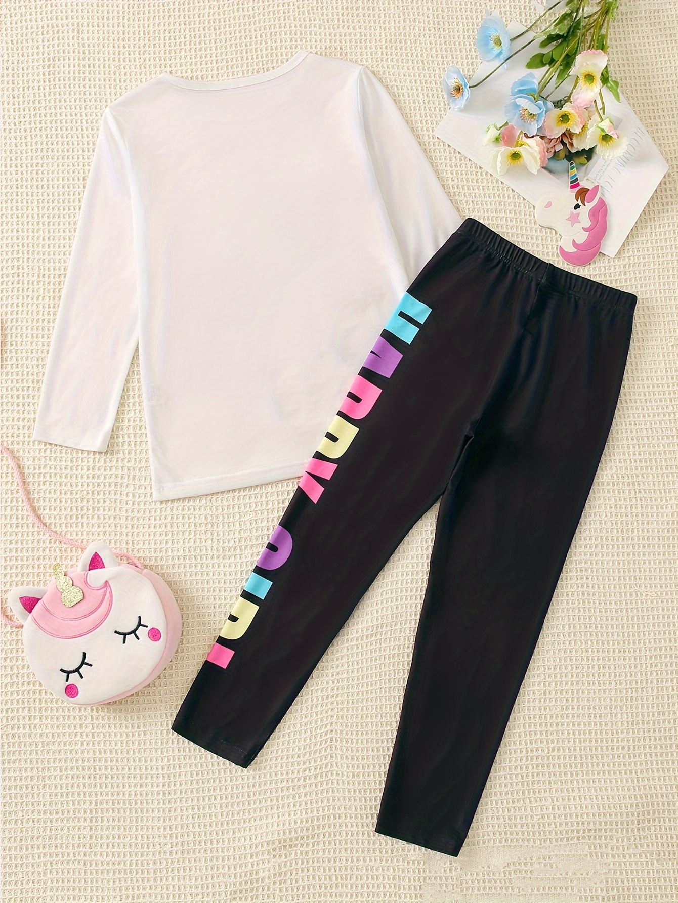 2pcs Kid Girl Letter Print Unicorn Embroidered Sequin Long-sleeve White Tee and Elasticized Black Pants Set