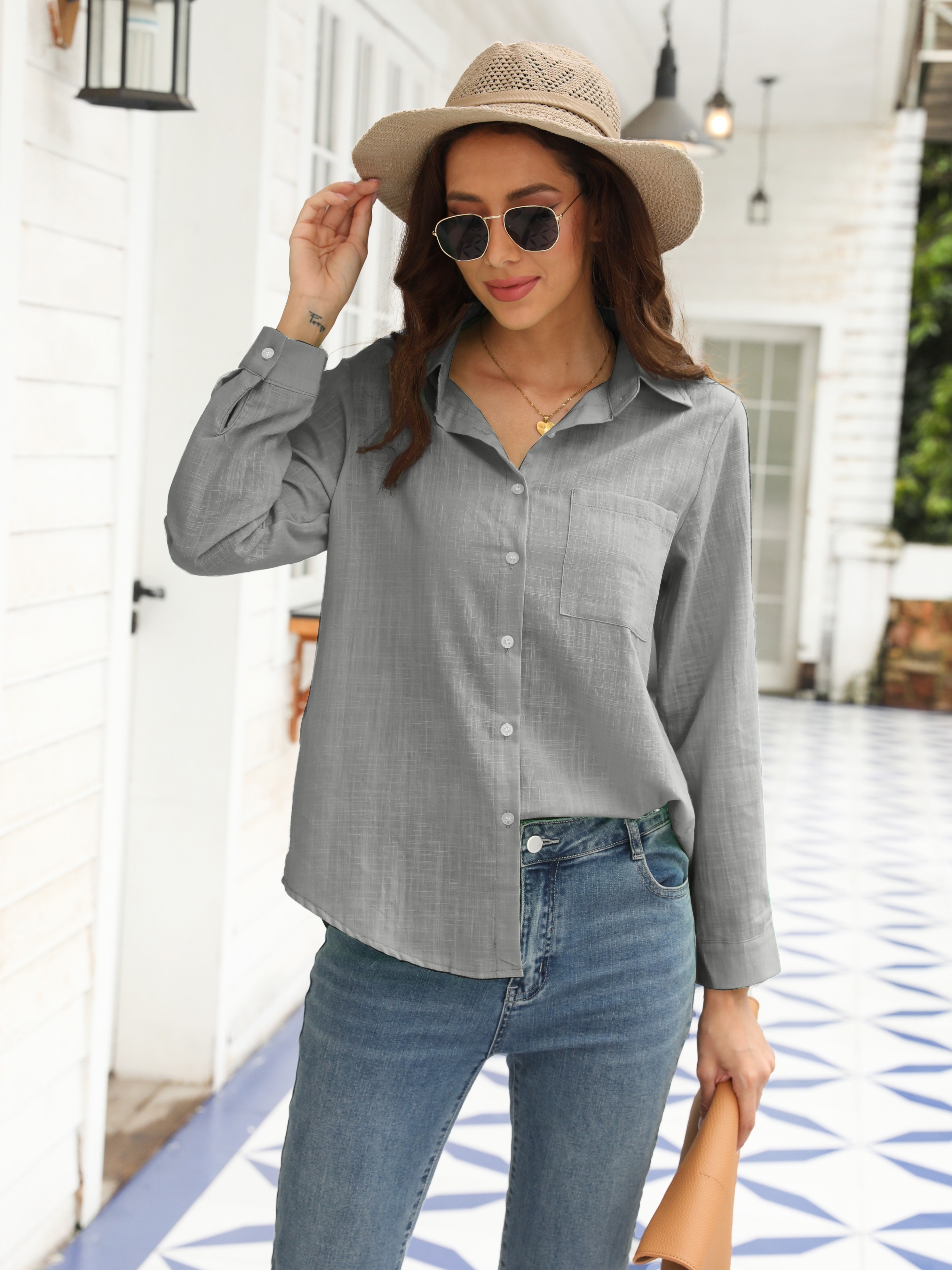 Versatile Solid Pocket Shirt Button Down Long Sleeve Shirt Casual Every Day Tops  Womens Clothing - Women's Clothing - Temu