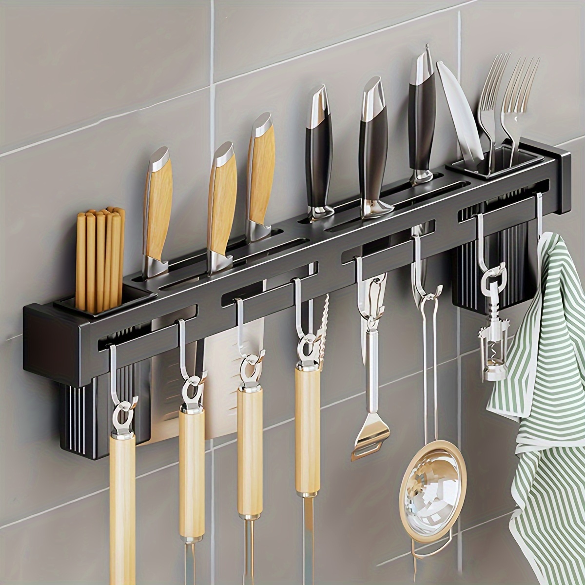 1 pc stainless steel wall mounted 50cm   with 8 hooks free punching punching dual purpose kitchen knife rack household plug in knife chopsticks cartridge hooks shelf details 5