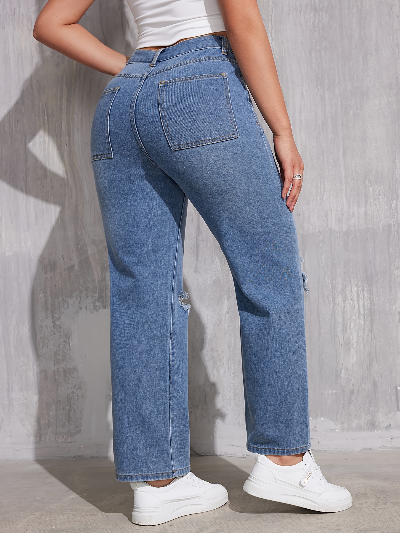 Jeans rectos con agujeros rasgados, pantalones de mezclilla casuales  sueltos con bolsillos inclinados, jeans de mezclilla y ropa de mujer