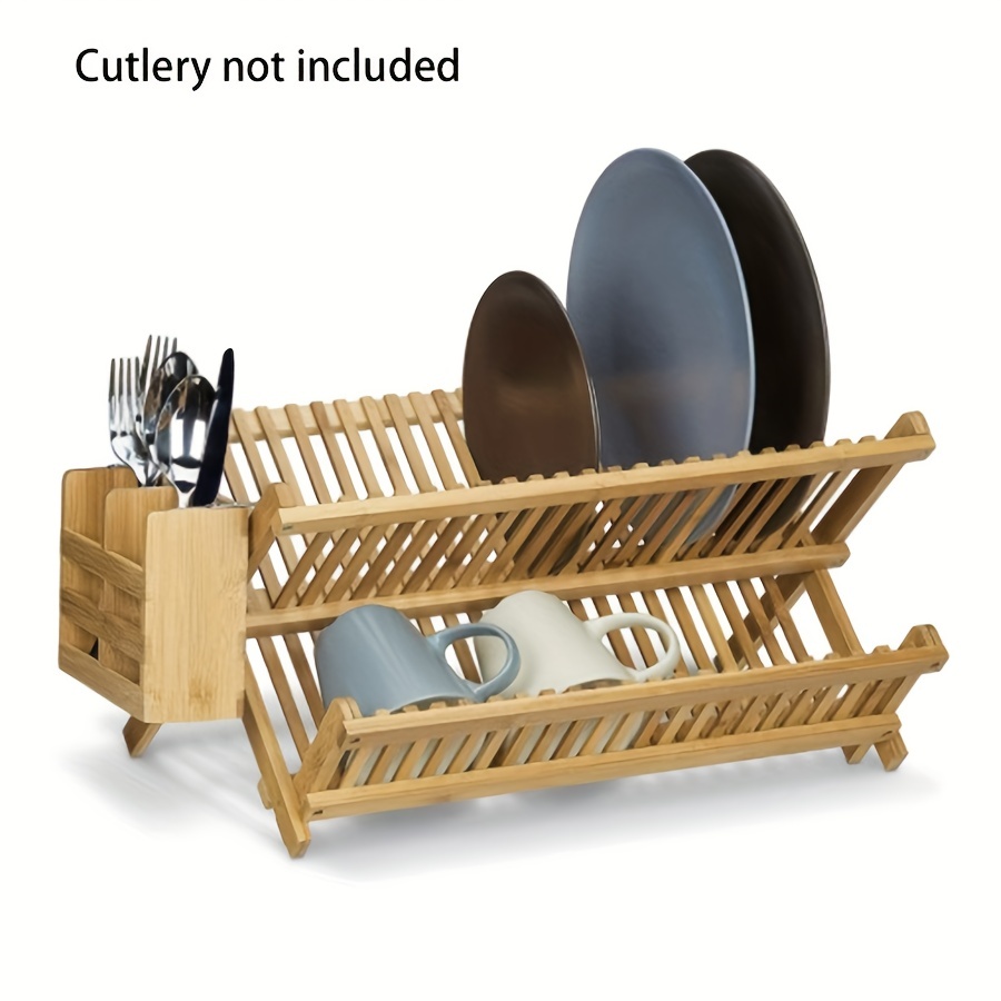 Bamboo Dish Drying Rack With Utensil Holder, Collapsible Wooden Dish  Drainer Rack, 3-tier Large Folding Drying Holder For Kitchen Counter,  Kitchen Accessories - Temu