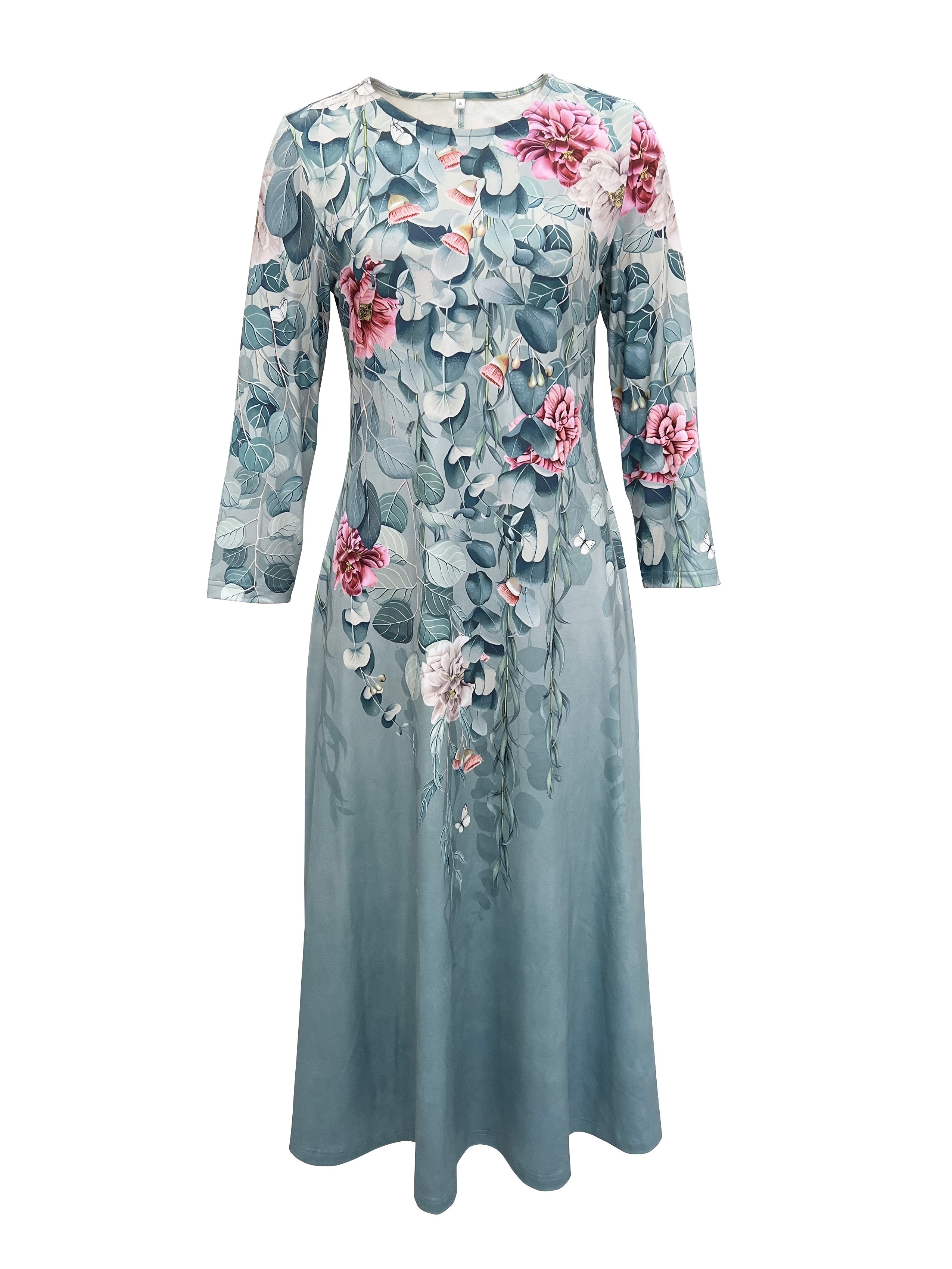 vintage floral print dress elegant crew neck long sleeve dress womens clothing