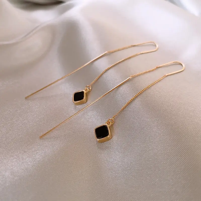 Square Black Gems Linear Earrings Fine Jewelry Threader - Temu