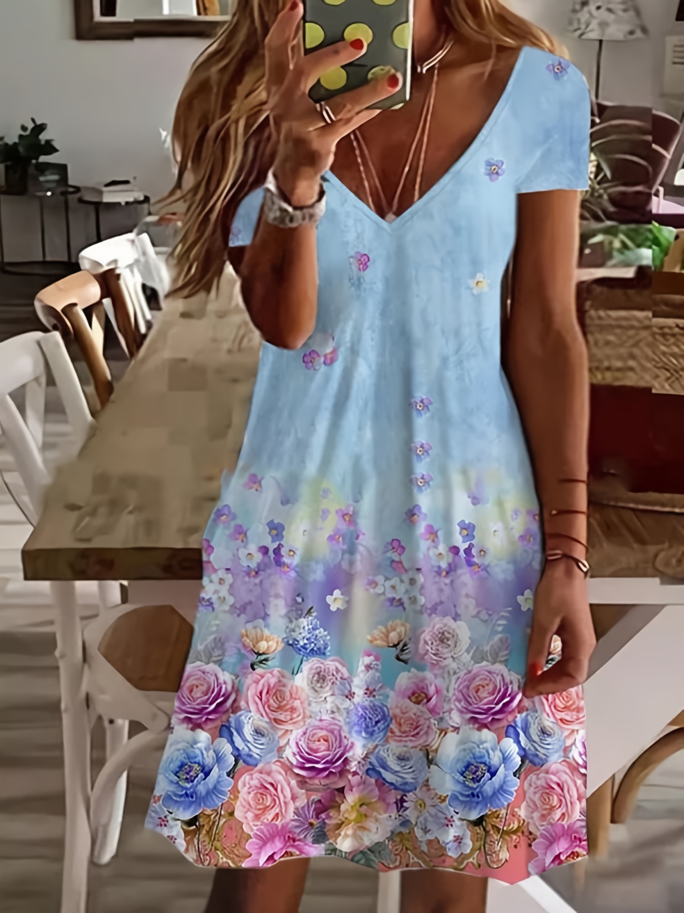 Verano Mujer Manga Corta Estampado Vestido V Cuello Casual