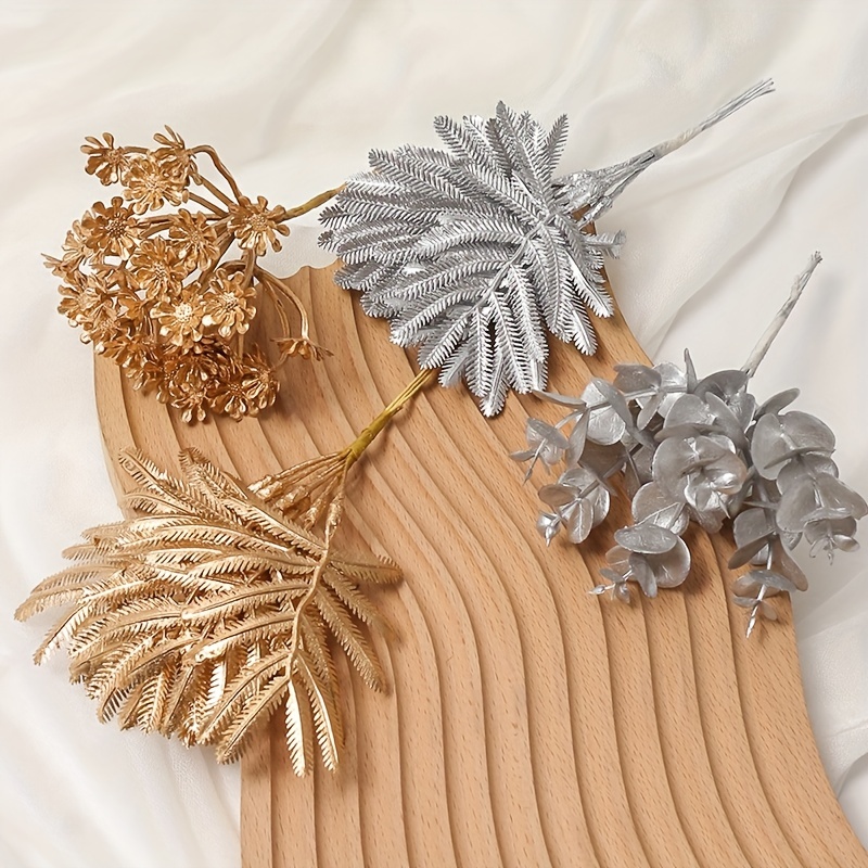 Fake Golden Leaves Plant for Christmas Decorations, Artificial Gold Plants  Foliage Stems Plastic Simulation Faux Leaf Stem for Home Garden Wedding