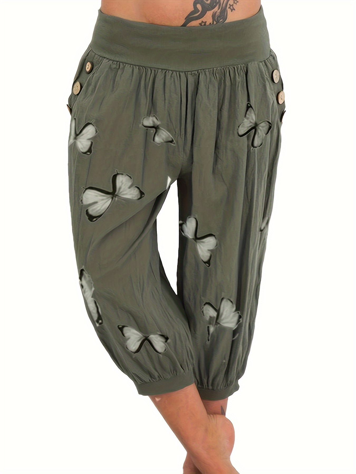 Plus Size Casual Capri Pants Women's Plus Butterfly Print - Temu