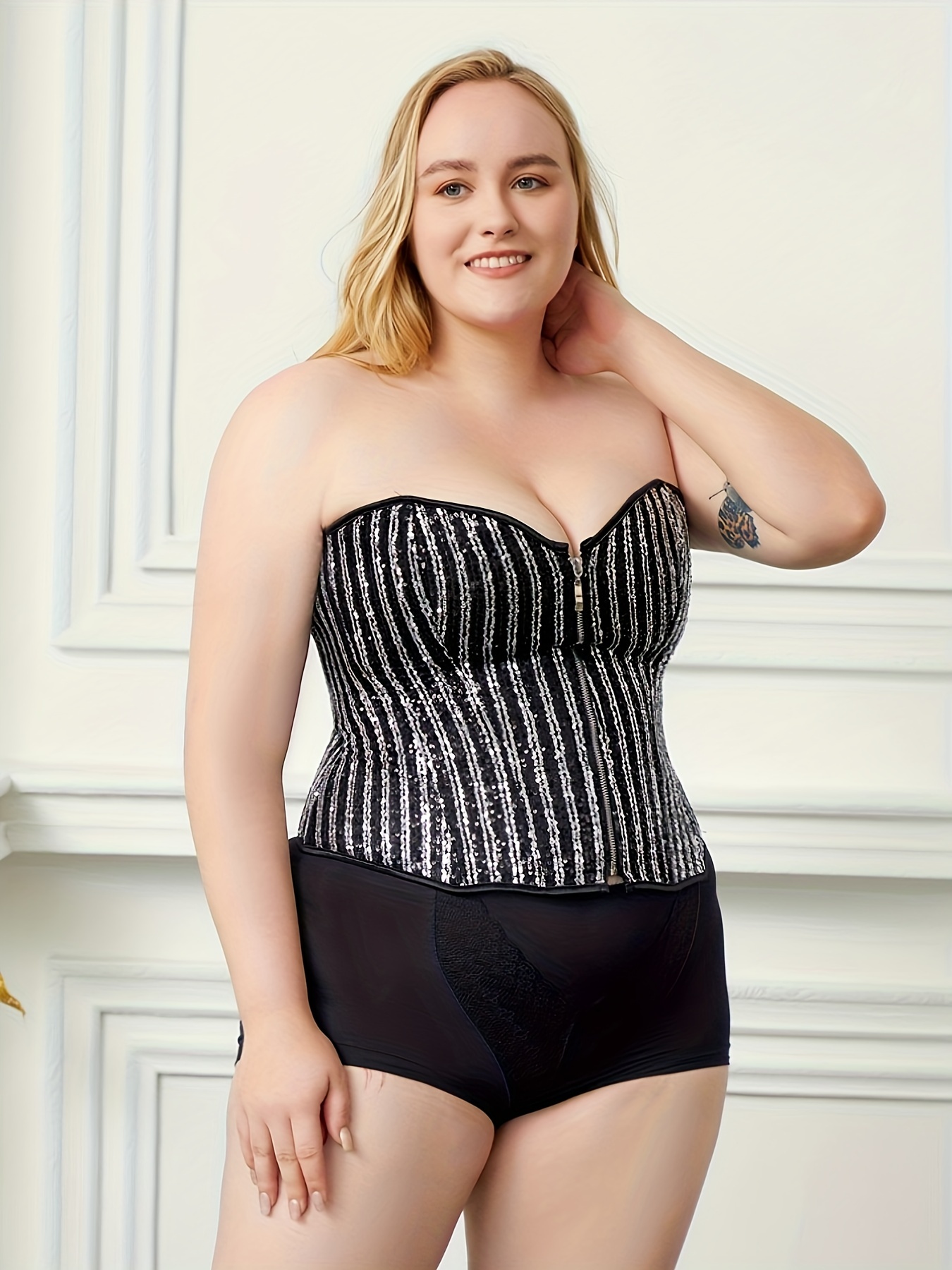 Plus Size Sexy Corset, Women's Plus Glitter Sequin Striped Zipper Front  Tummy Control Bustier Top