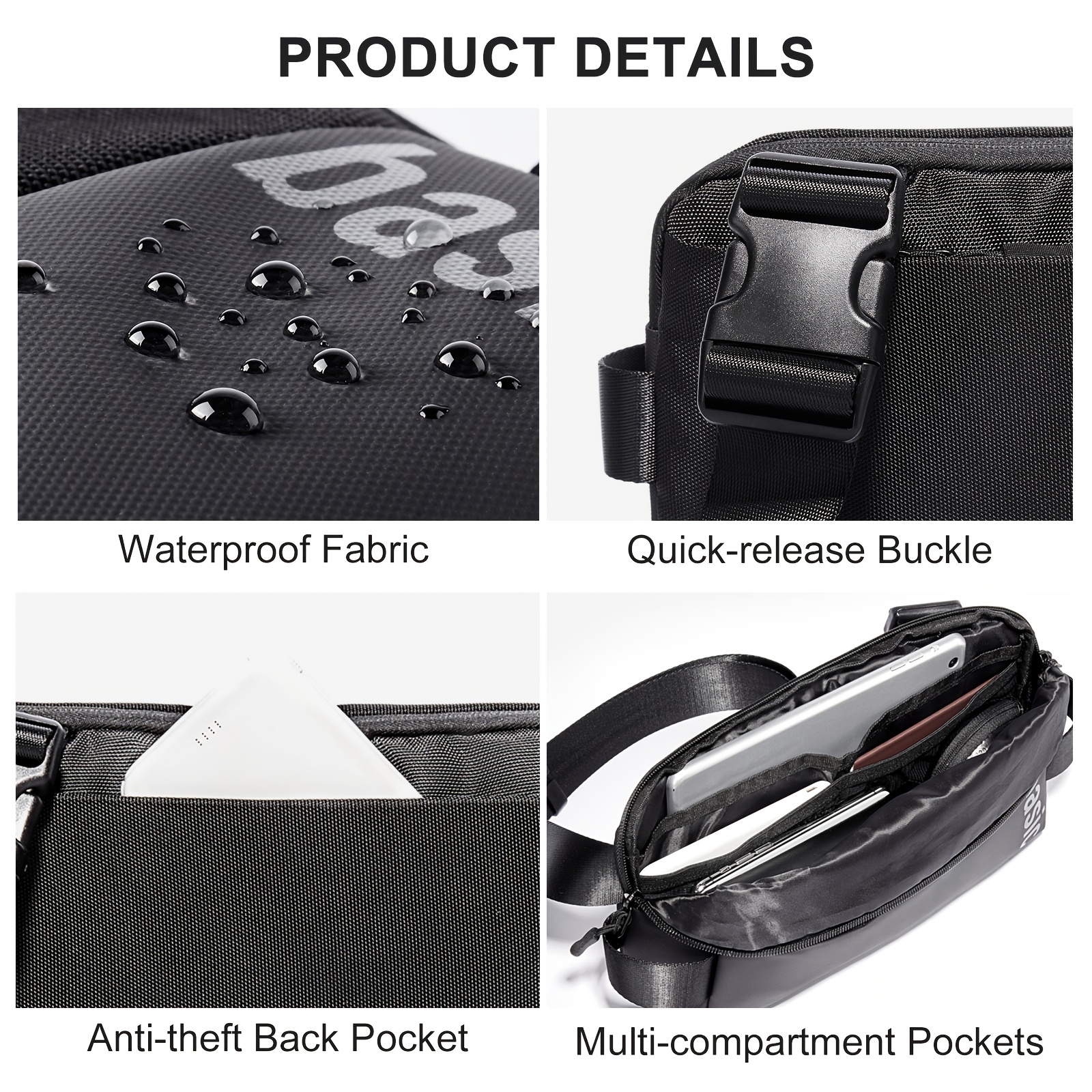 Premium Large Black Fanny Pack Waist Bag for Men and Women, Waterproof with  Adjustable Strap, Multiple Compartments - Suitable for Sport, Gym, Travel