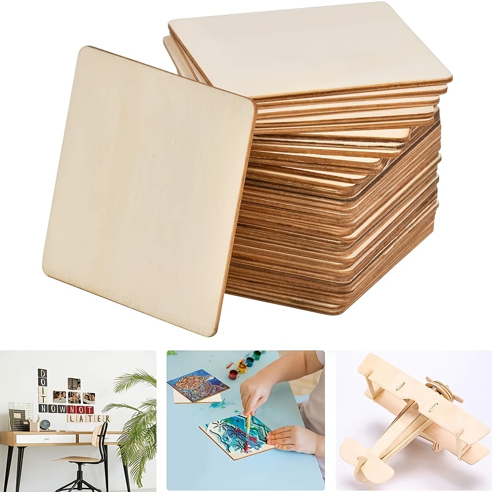 DIY Unfinished Wooden Square Blank Natural Wood Slices Wooden Cutout Tiles  for DIY Crafts Home Decoration