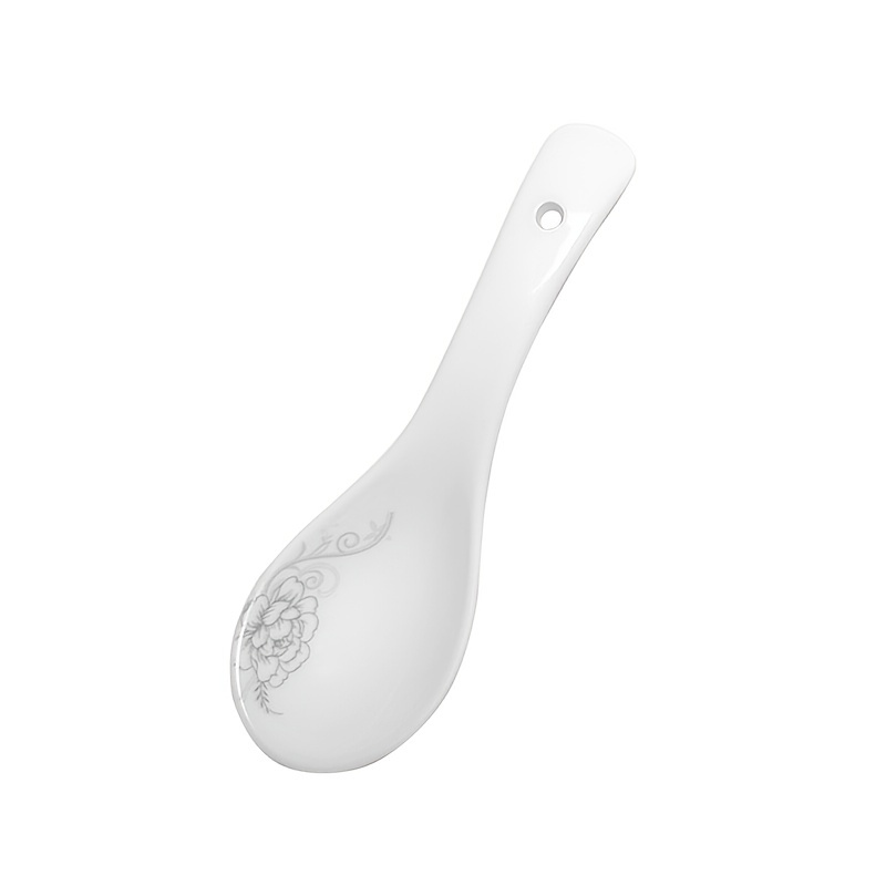 Big Porcelain Spoon Bone china Large Porridge Spoons White Ceramic Flatware  Soup Spoons Long Handled Flower Pattern Scoop(Flower Pattern)