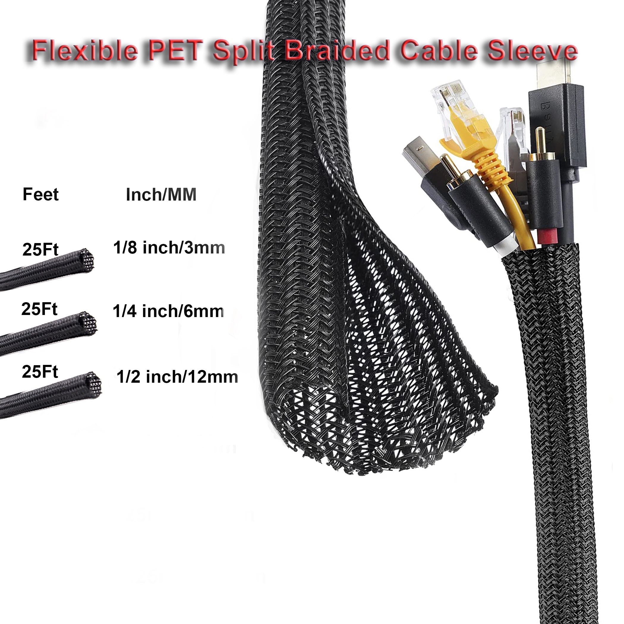 Black Cable Sleeve, 30Ft PET Braided Wire Cord Cover, 1/5, 1/2, 3/4 Inch  Expandable Bulk Cables Sleeving, Wire Protector Tubing, Wire Management  Automotive Wire Loom Mesh for Electrical Wires Conceal : 