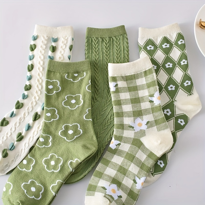 

5 Pairs Floral & Heart Pattern Socks, Sweet & Comfy Mid Tube Socks, Women's Stockings & Hosiery
