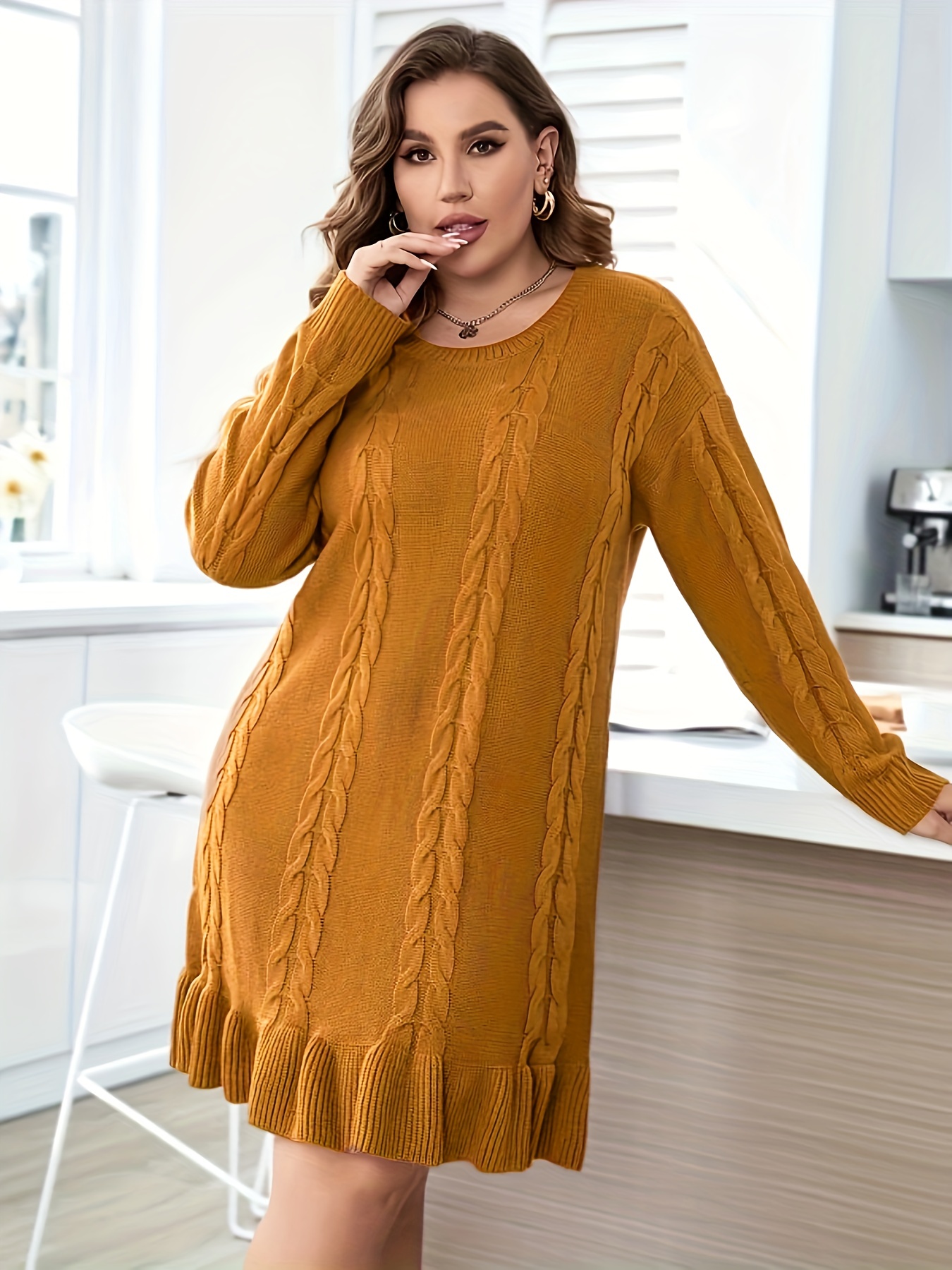 Plus Size Casual Sweater Dress, Women's Plus Solid Cable Knit