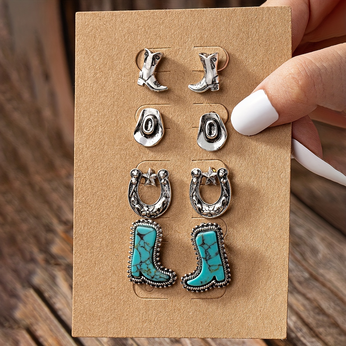 

5 Pairs Western Cowboy Style Horse Star Sun Shaped Turquoise Stone Inlaid Studs Hoop Earrings Set For Women Girls Zinc Alloy Jewelry