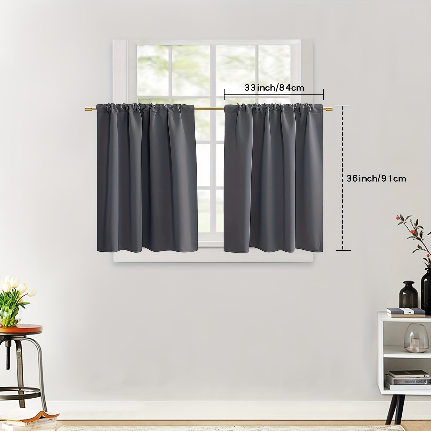 2pcs Dark Grey Short Tier Blackout Small Curtains for Small Windows,Kitchen, Bathroom, Basement, Cabinet, Camper *,RV,Bedroom