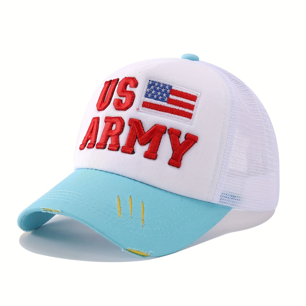 American Flag Embroidery Trucker Hat Color Block Ripped Mesh - Temu